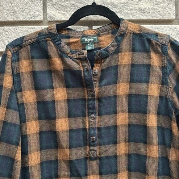 Roots Plaid Flannel Tunic Top Tan/Brown/Navy Sz S - Picture 4 of 9